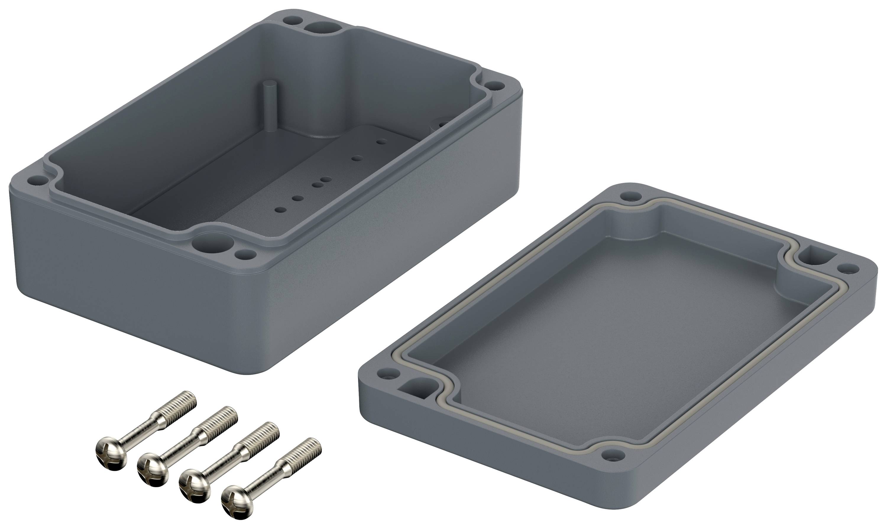 Involucro con coperchio rimosso, che mostra il vano interno. Accanto quattro viti. Adatto per componenti elettronici.