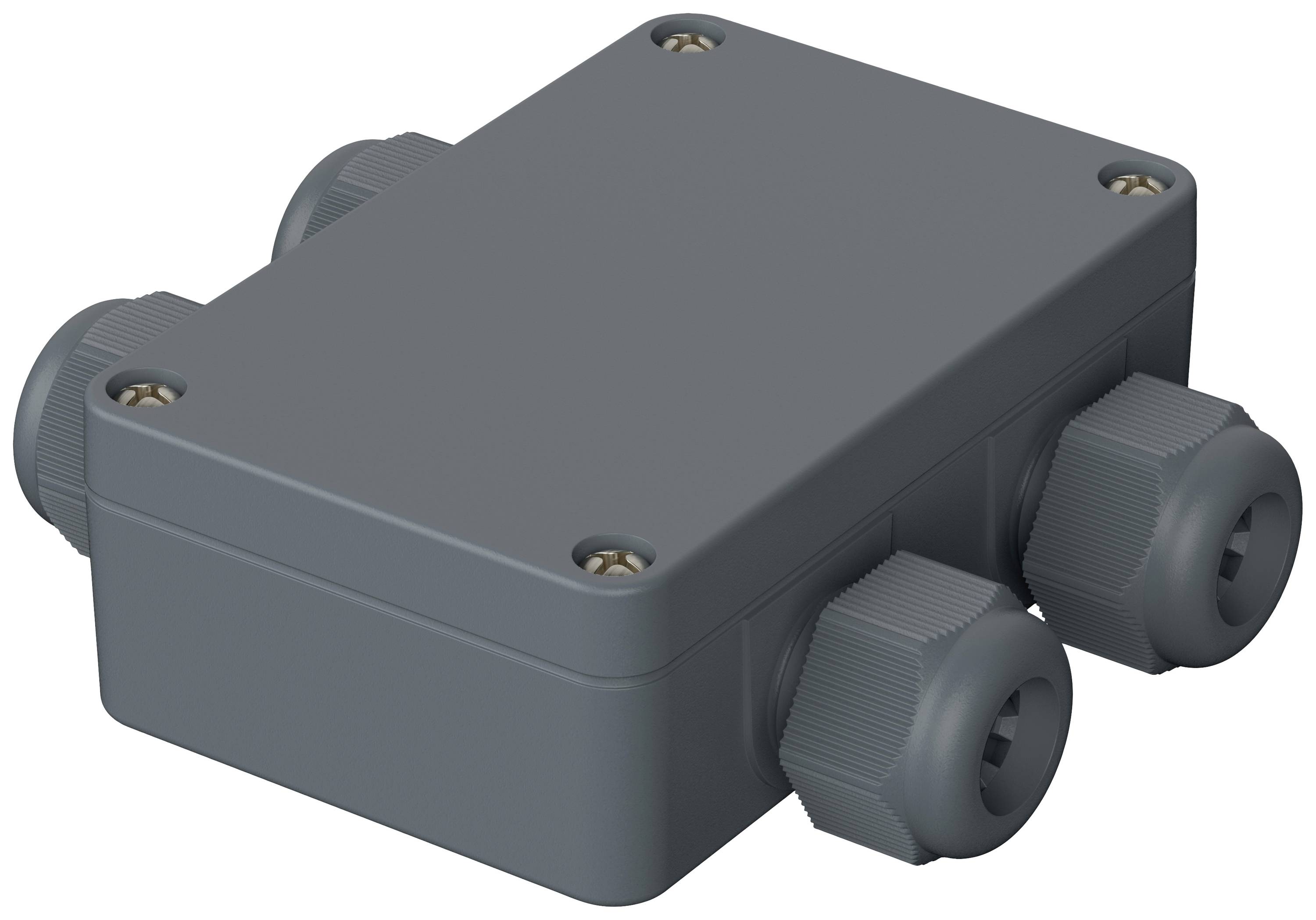 Un quadro di distribuzione rettangolare grigio con quattro pressacavi, idoneo per connessioni elettriche in ambienti interni ed esterni.