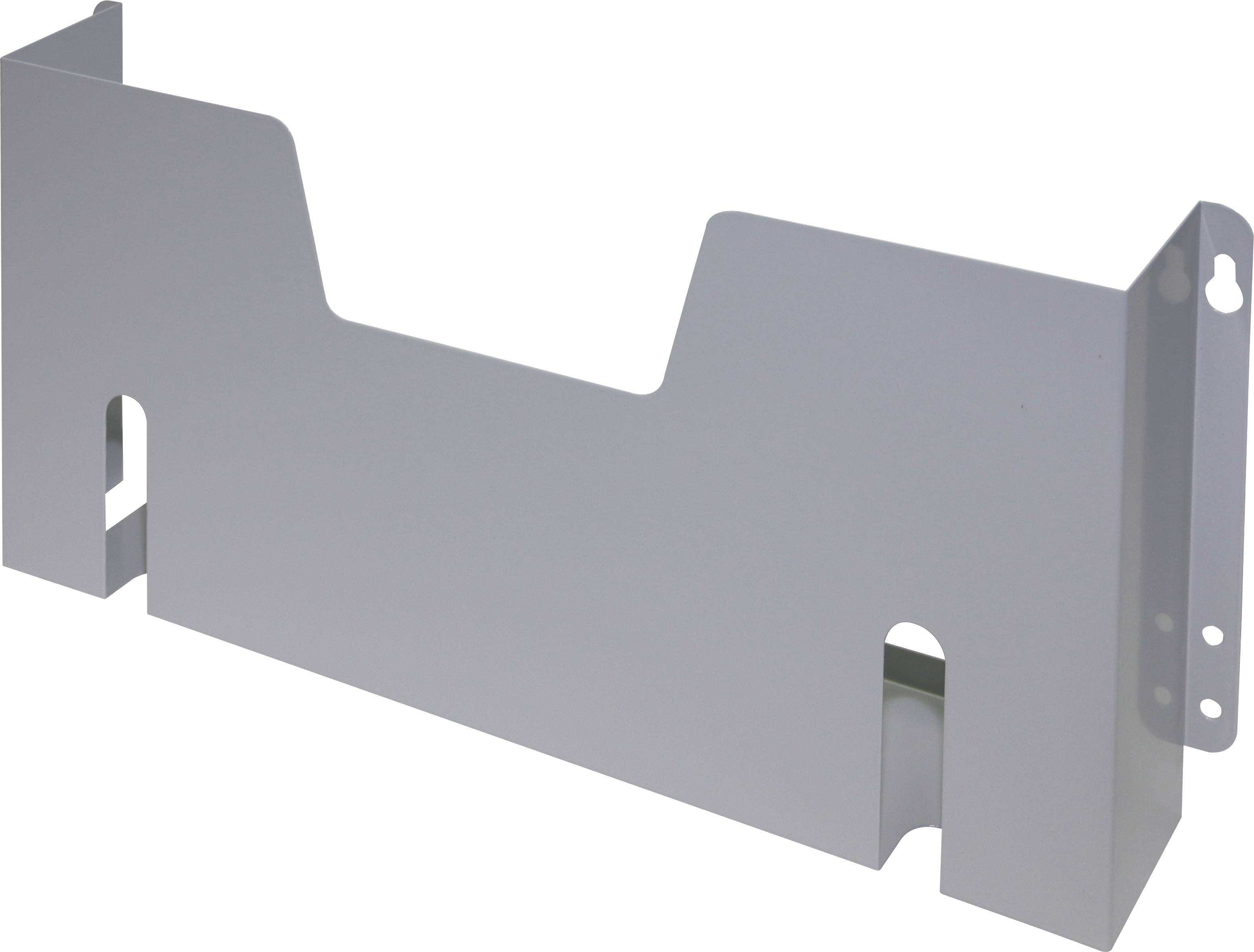 Pezzo metallico grigio, rettangolare, con scanalature e fori per il fissaggio su una superficie.