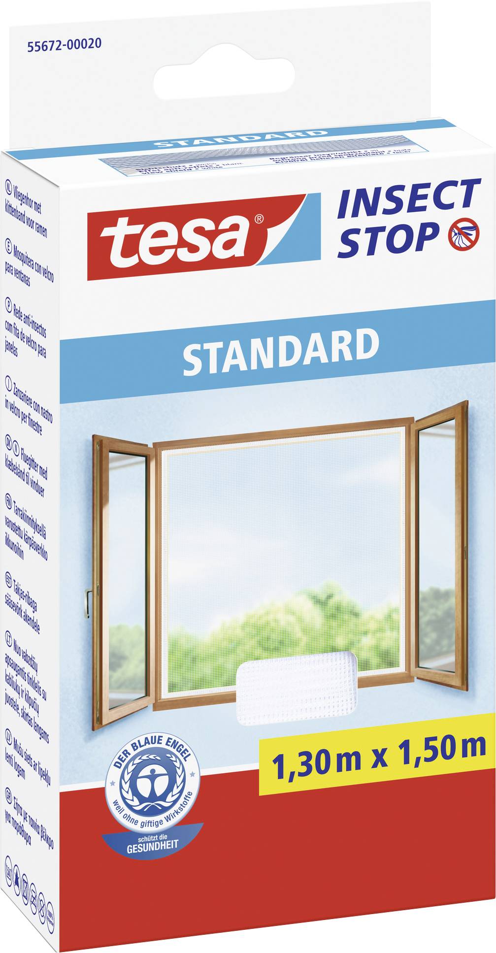 Confezione di una soluzione per la protezione dagli insetti di Tesa. Mostra una finestra aperta con zanzariera, misure 1,30 m x 1,50 m.