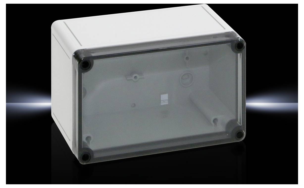 Involucro elettronico grigio rettangolare con coperchio trasparente e angoli arrotondati, raffigurato su uno sfondo scuro.