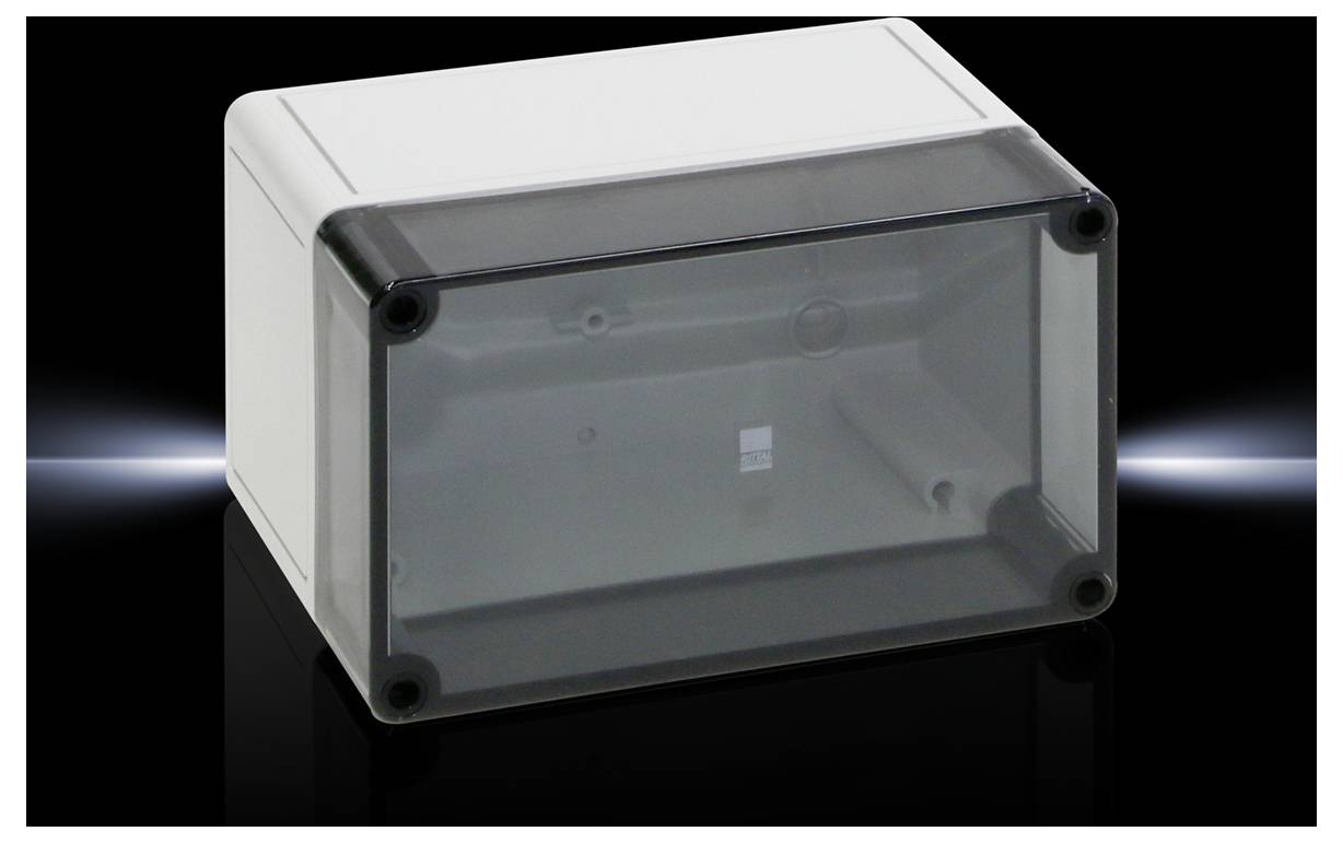 Una scatola elettronica rettangolare in plastica trasparente su sfondo nero.