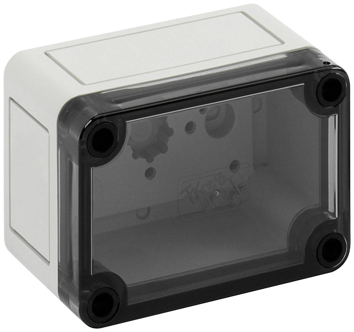Un involucro rettangolare con coperchio trasparente e quattro angoli neri, adatto per l'alloggiamento di componenti elettronici.
