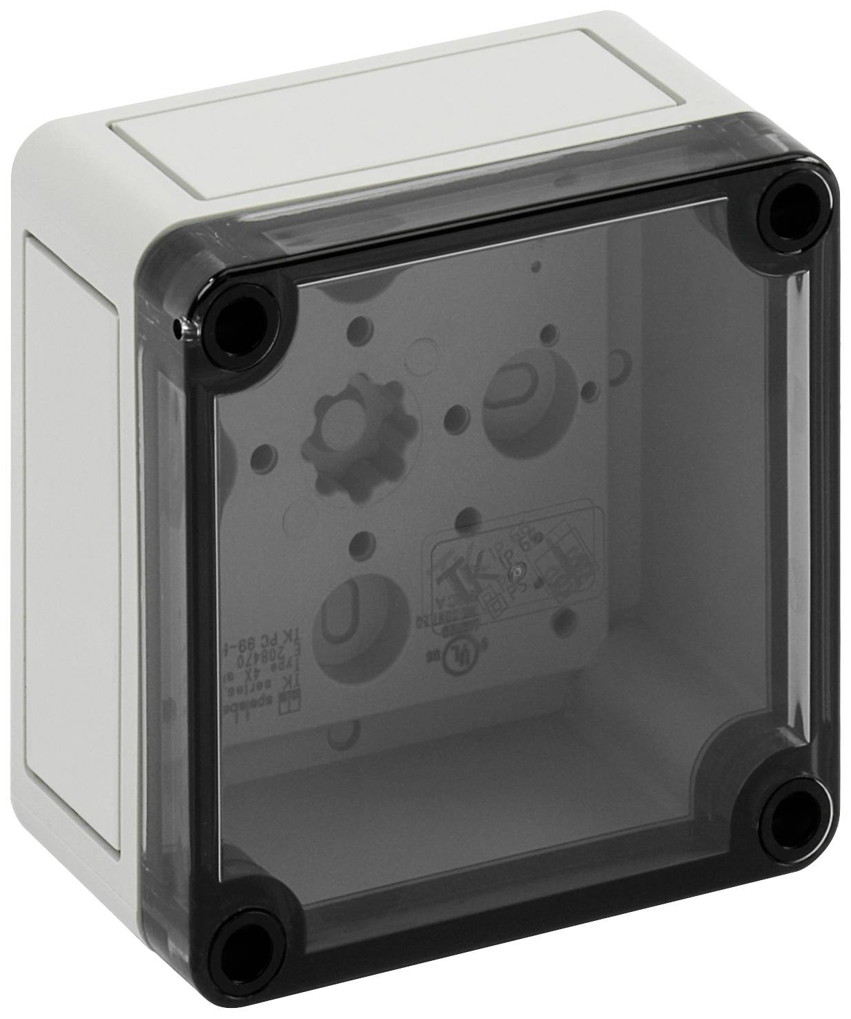 Una scatola elettrica grigia vuota con coperchio trasparente, idonea per installazioni elettriche, che mostra i fori per il montaggio e le possibili opzioni di installazione.