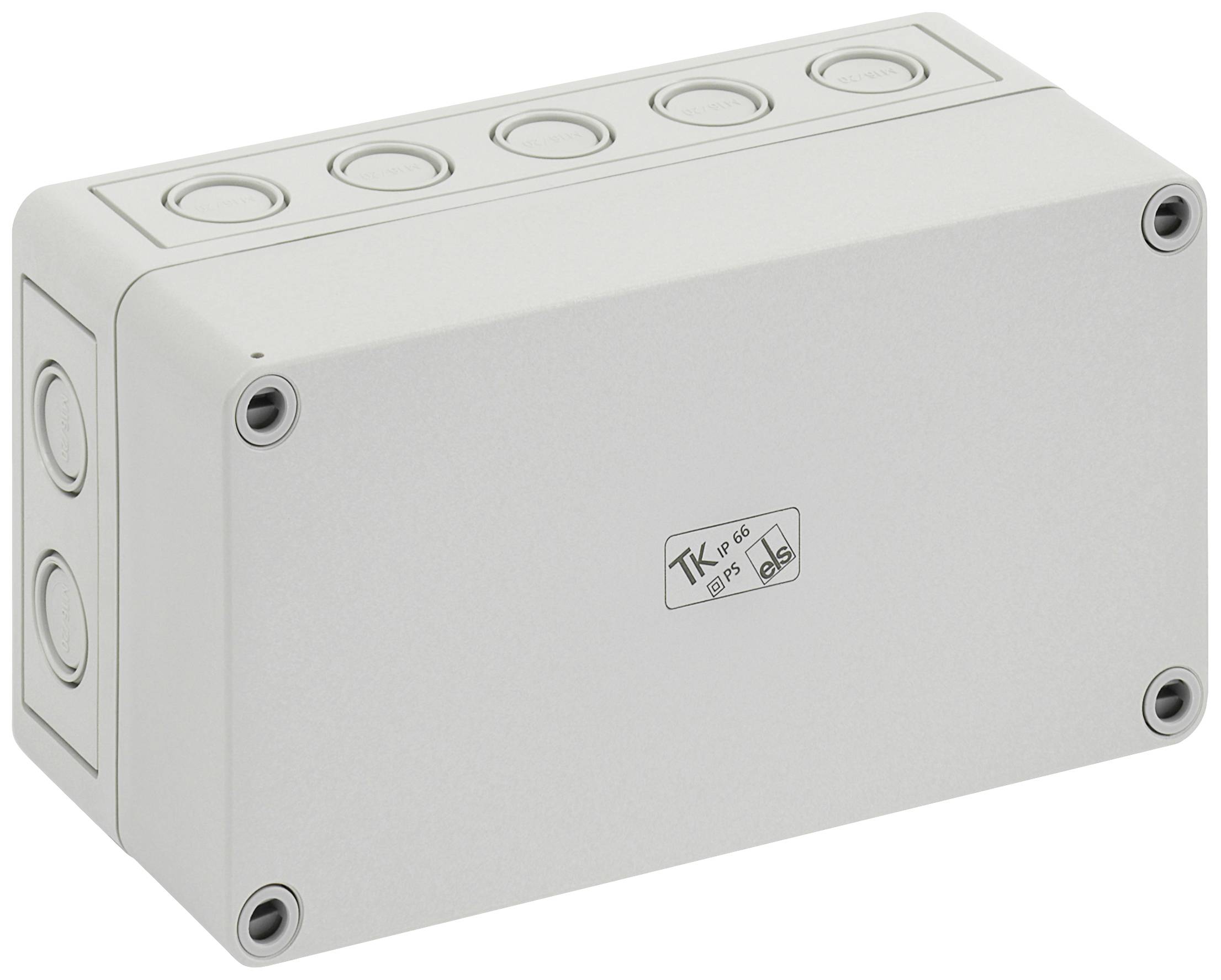 Contenitore elettrico grigio rettangolare con multiple aperture per cavi e simbolo TK sul lato frontale; adatto per connessioni di cavi.