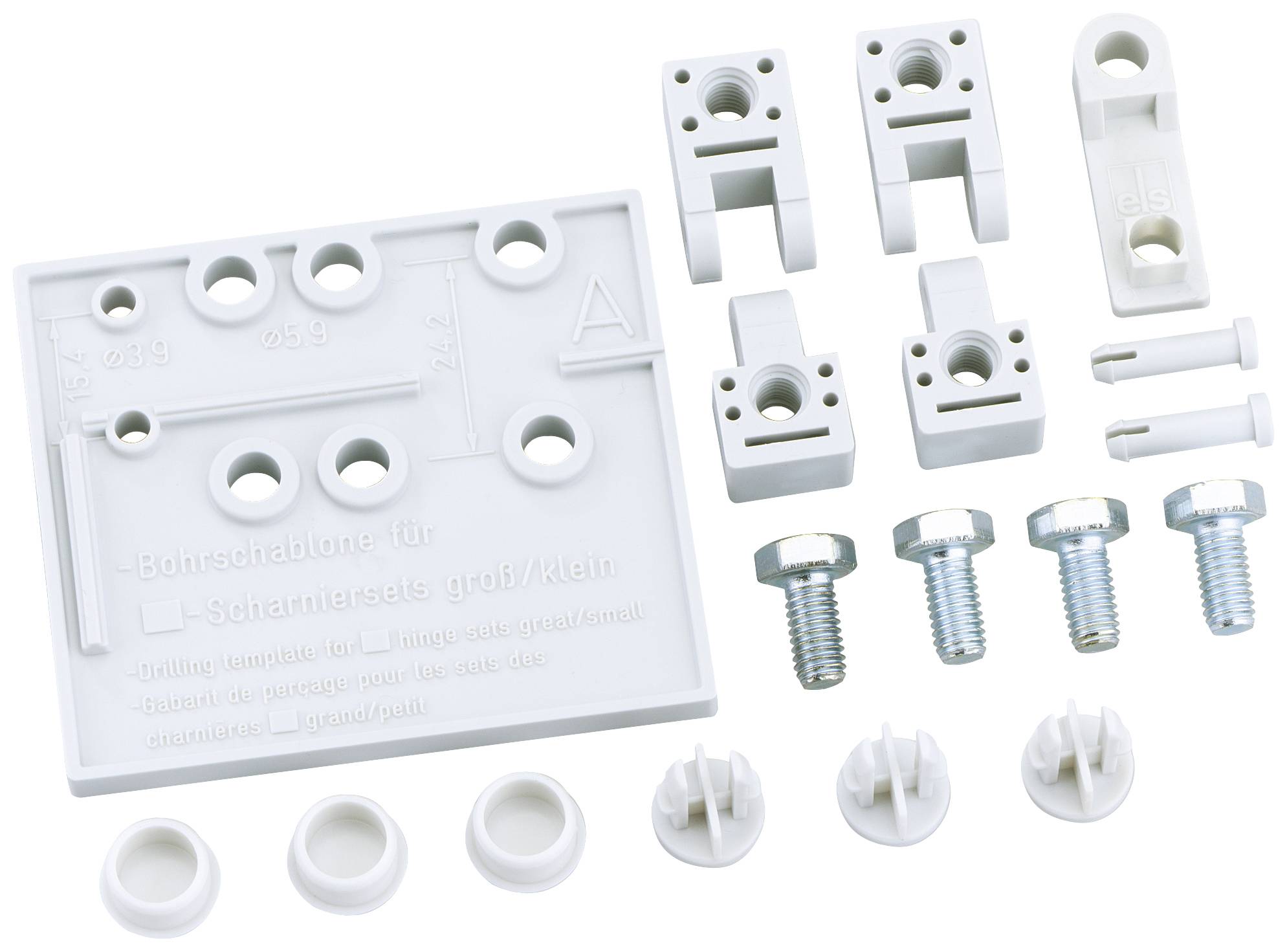 Un set di parti in plastica bianca e viti, utilizzato per scopi di montaggio, con un modello di foratura per diverse dimensioni.