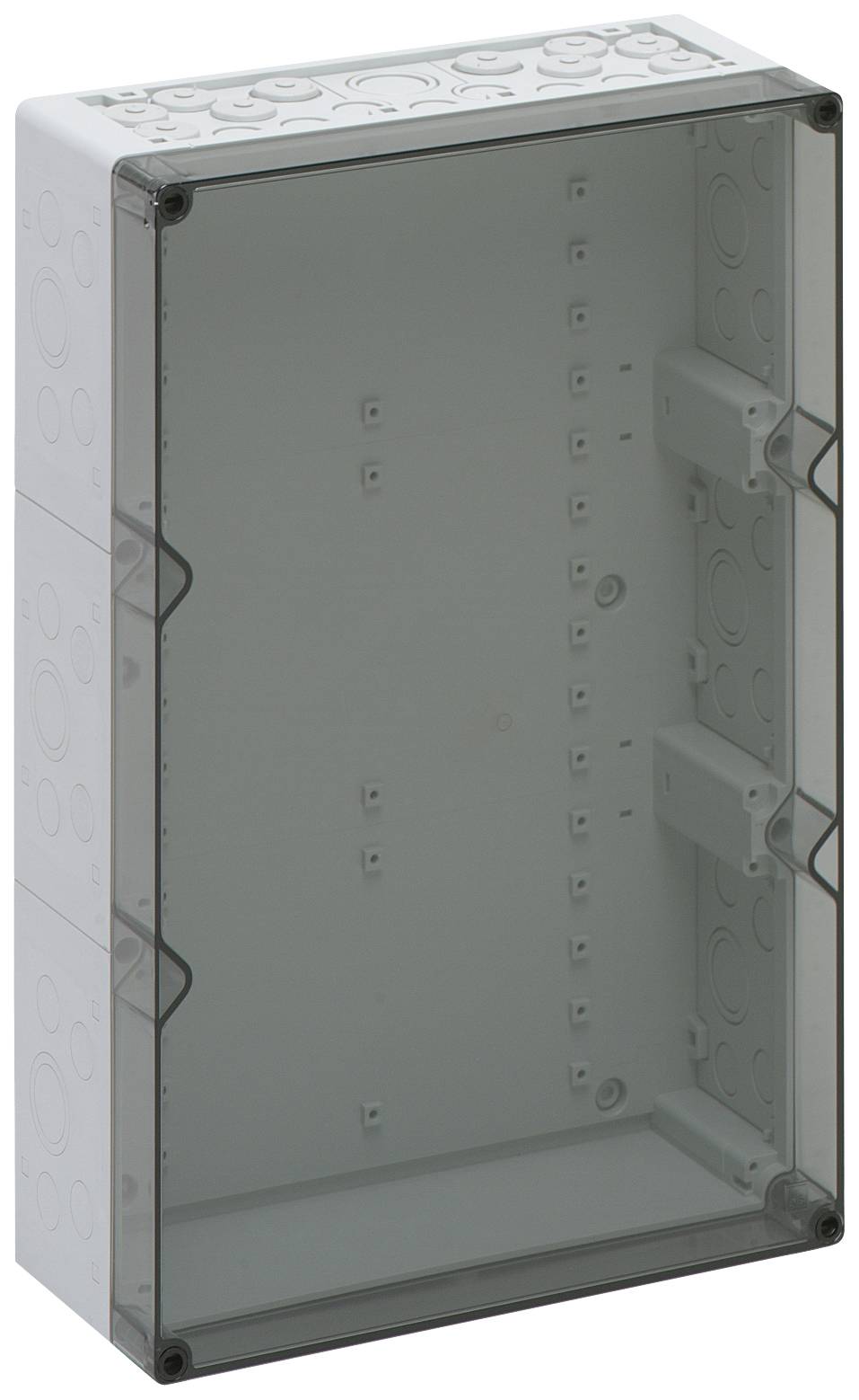 Scatola in plastica grigia, rettangolare, per installazioni elettriche, con coperchio rimovibile, priva di dispositivi o connessioni visibili.