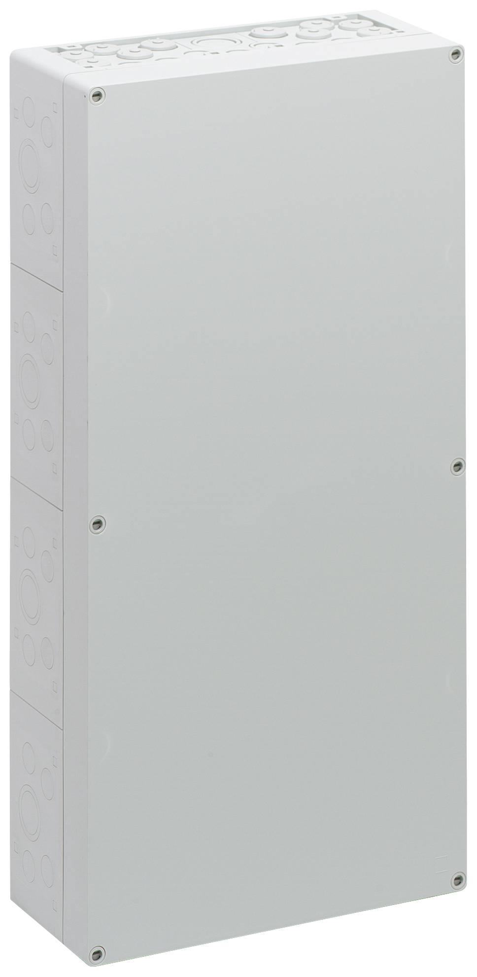 Un quadro elettrico rettangolare bianco con viti agli angoli, idoneo per installazioni elettriche in ambienti interni.