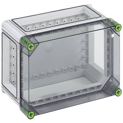 Scatola rettangolare in plastica trasparente con angoli contrassegnati in verde. Adatta per installazioni elettriche.