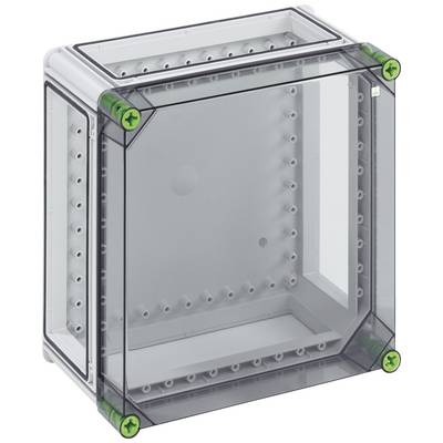 Custodia chiara in plastica grigia con coperchio rimovibile e viti verdi agli angoli, adatta per installazioni elettroniche.