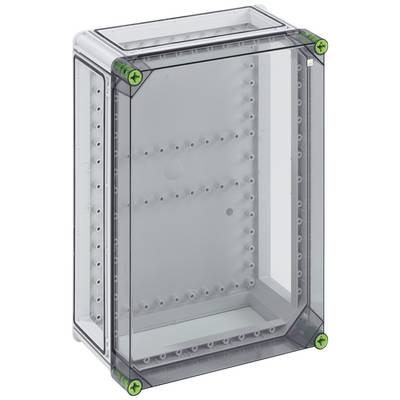 Custodia trasparente in plastica con forma rettangolare e angoli verdi, adatta per la protezione di componenti elettrici.