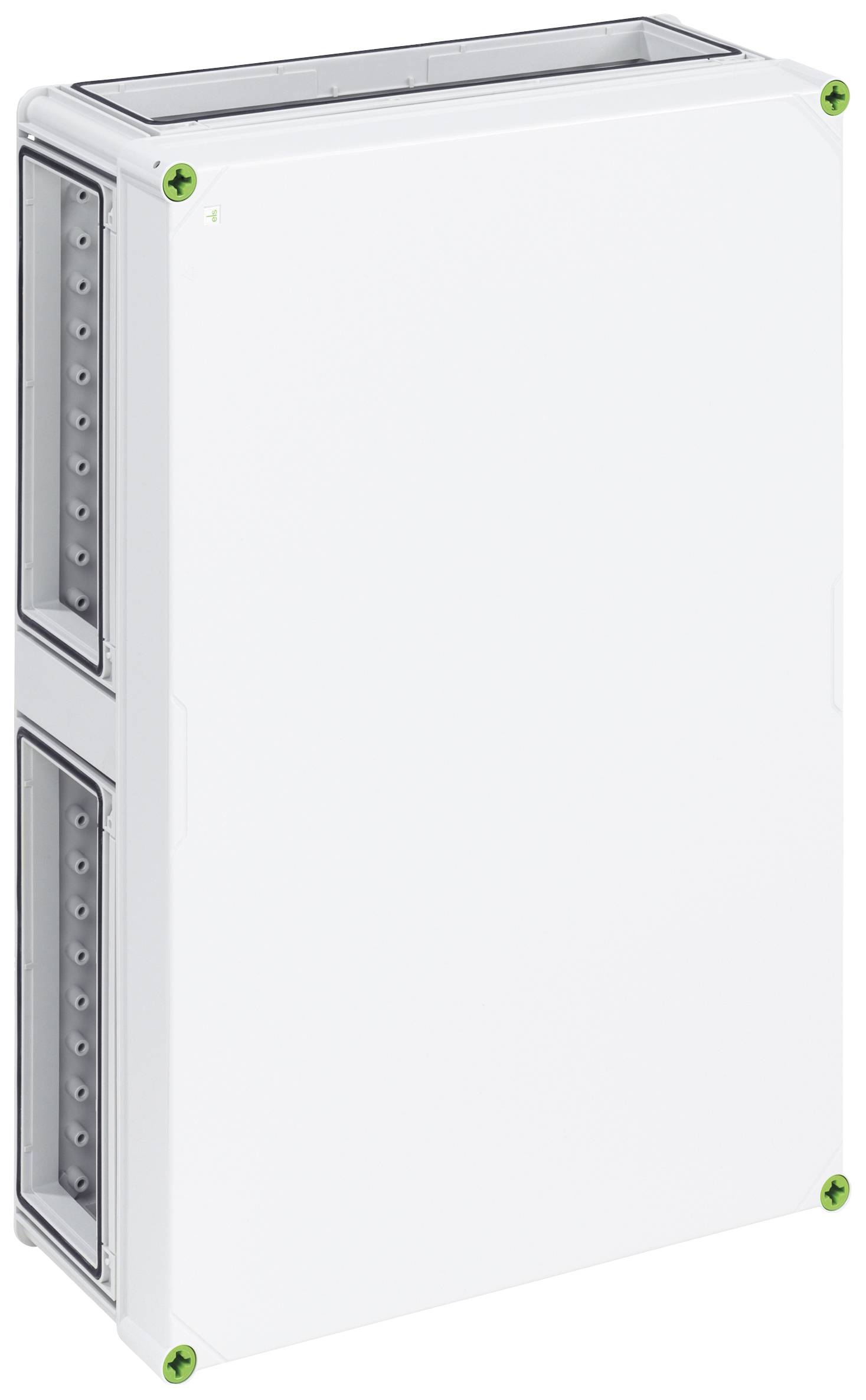 Un quadro elettrico rettangolare bianco con due guide trasparenti sul lato sinistro.