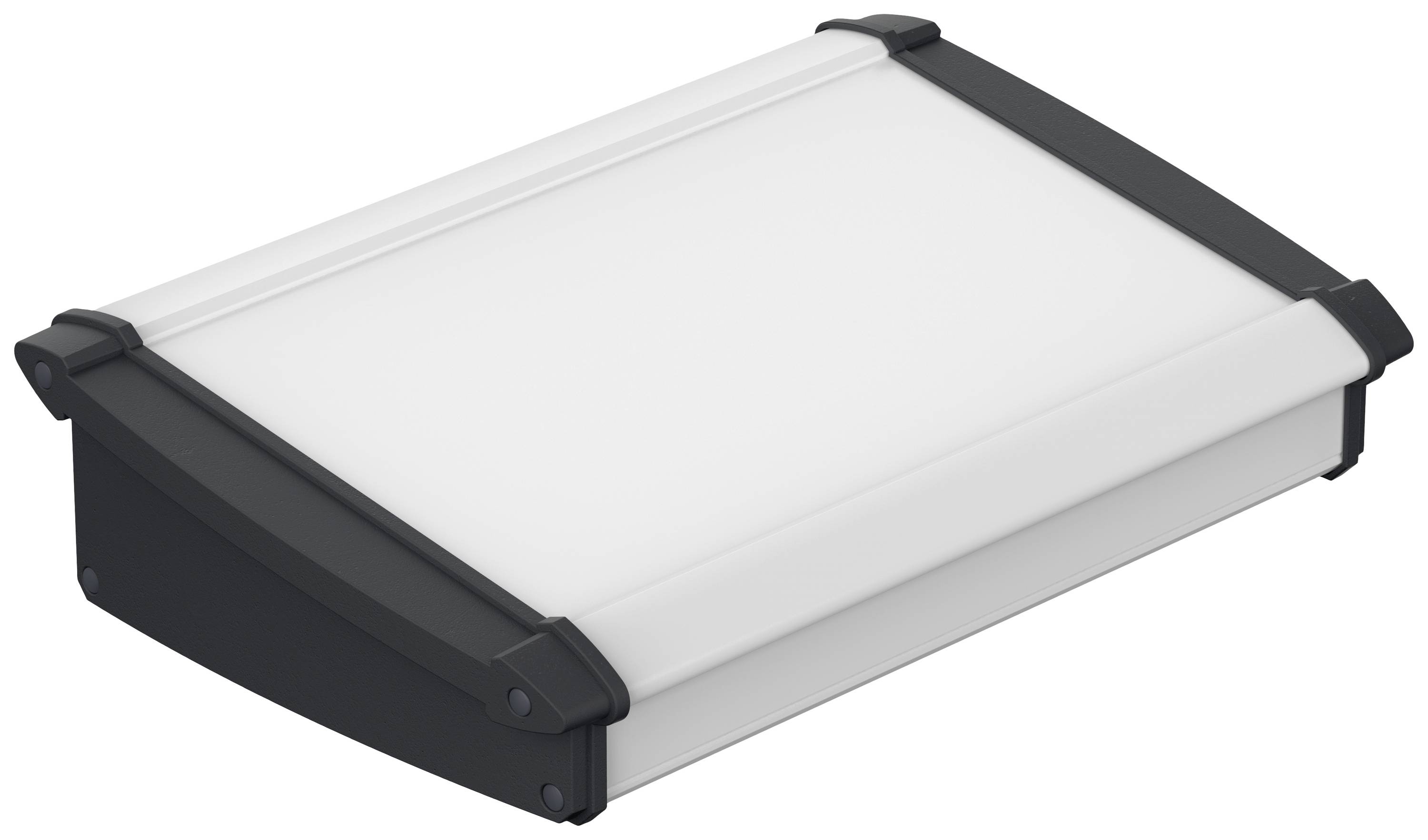Scatola luminosa LED rettangolare con superficie bianca e coperture laterali nere.