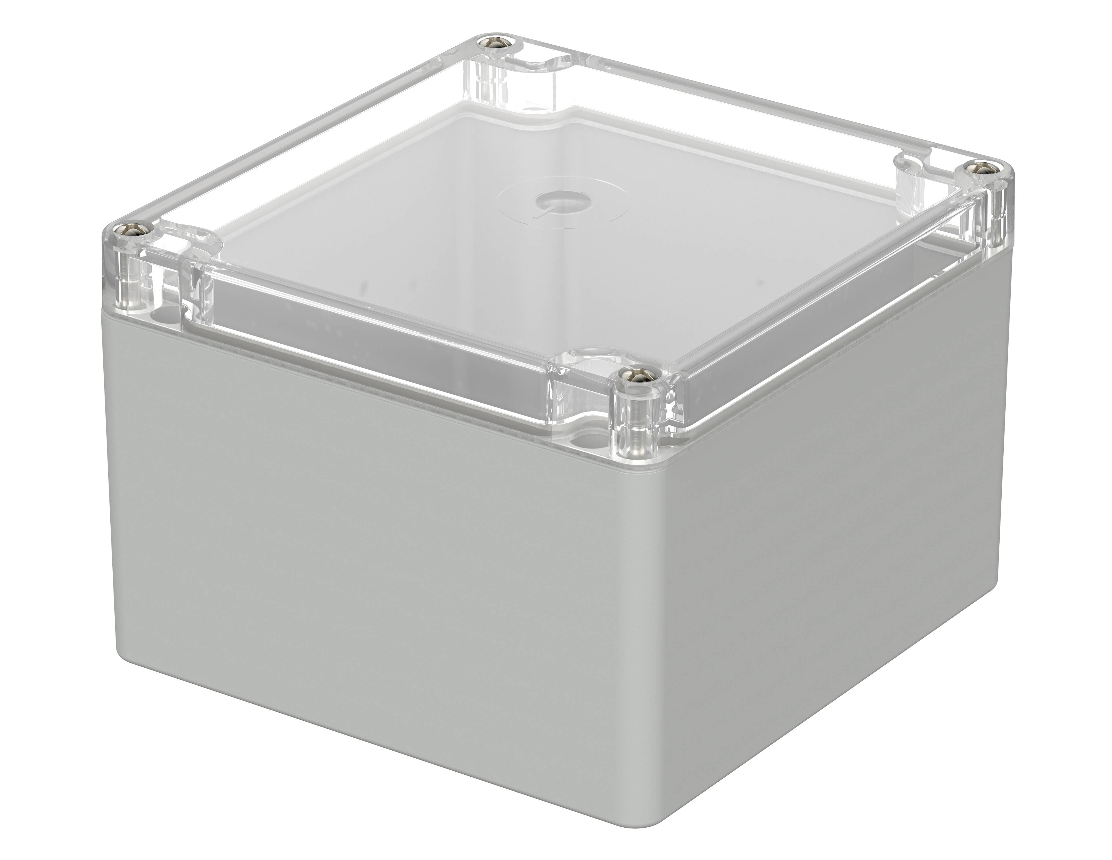 Scatola trasparente in plastica con coperchio removibile, forma quadrata, ideale per la conservazione di componenti elettronici o piccoli dispositivi.
