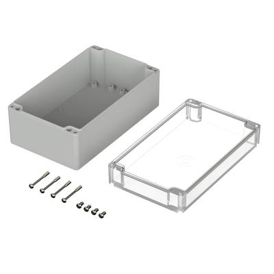 Custodia composta da un fondo rettangolare grigio e un coperchio trasparente, con relative viti.