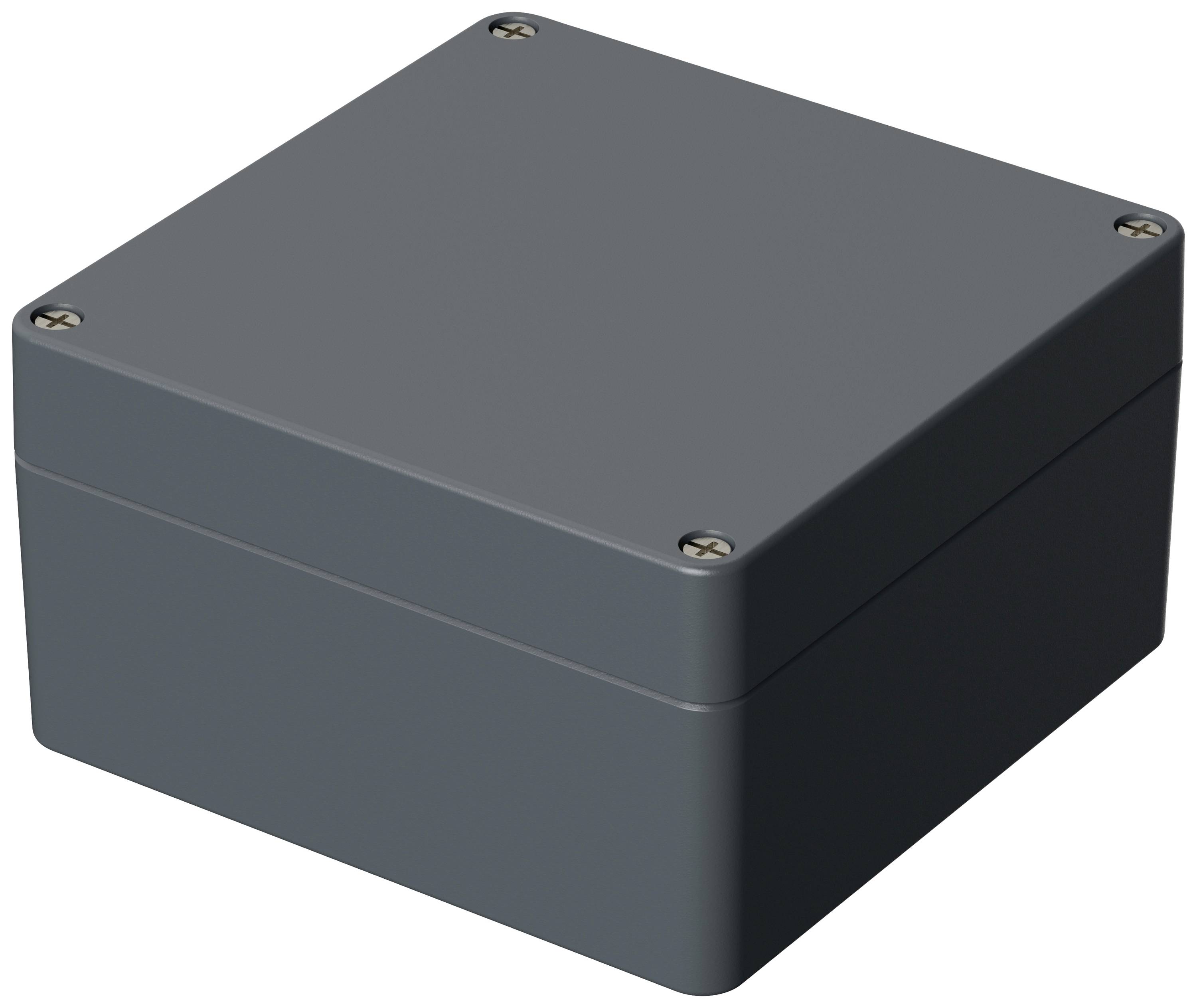 Un involucro rettangolare grigio con quattro viti agli angoli; probabilmente utilizzato per proteggere componenti elettronici.