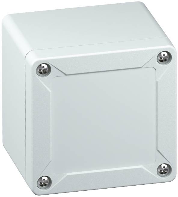 Scatola elettrica grigia fissata con quattro viti agli angoli; design essenziale, adatta per installazioni interne.