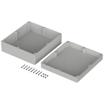 Due custodie quadrate in plastica grigia poste l'una accanto all'altra, con viti; mostrano componenti di un sistema di involucri assemblati.