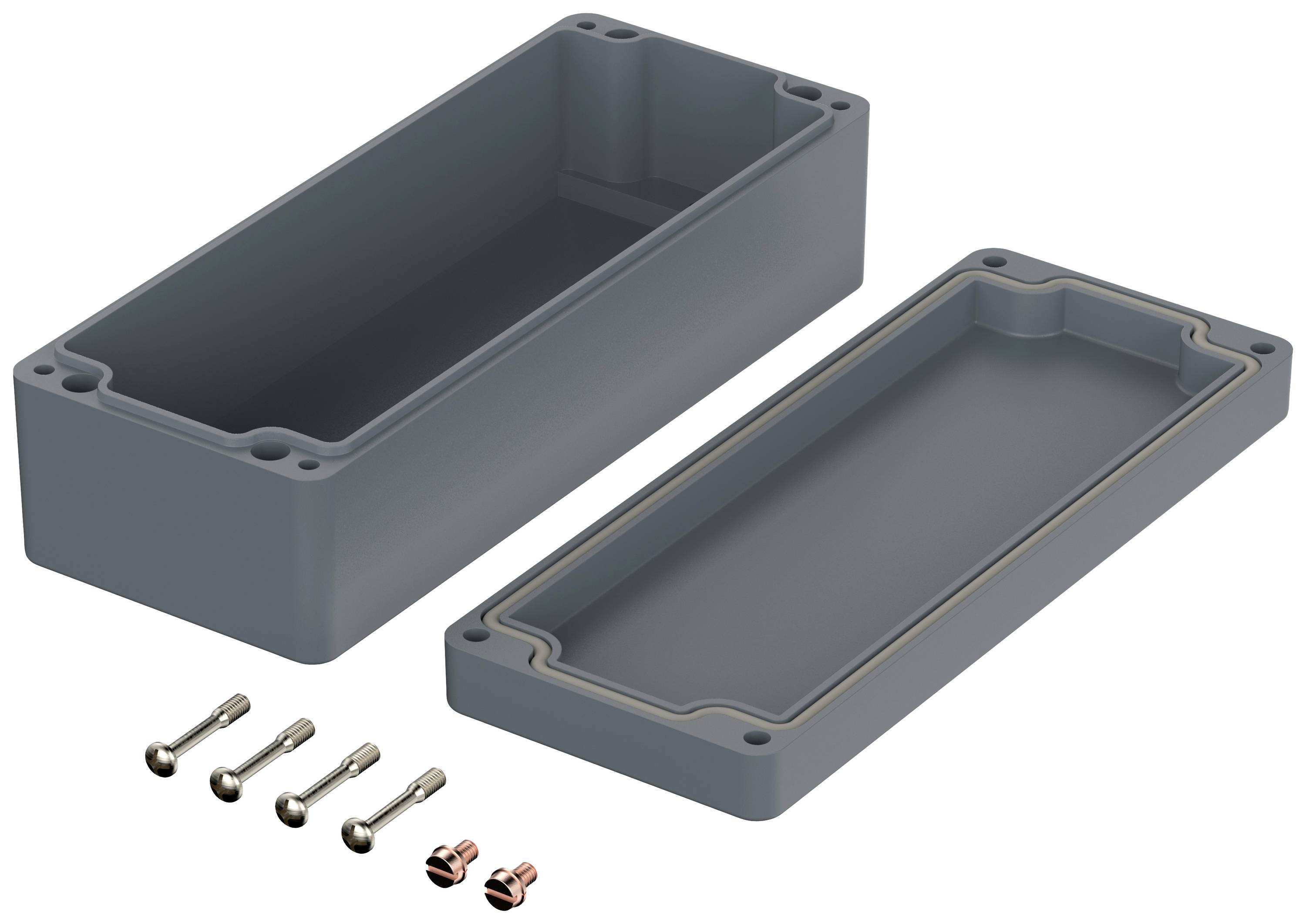 Involucro in plastica, suddiviso in parte superiore e inferiore, con quattro viti e dadi per il montaggio.