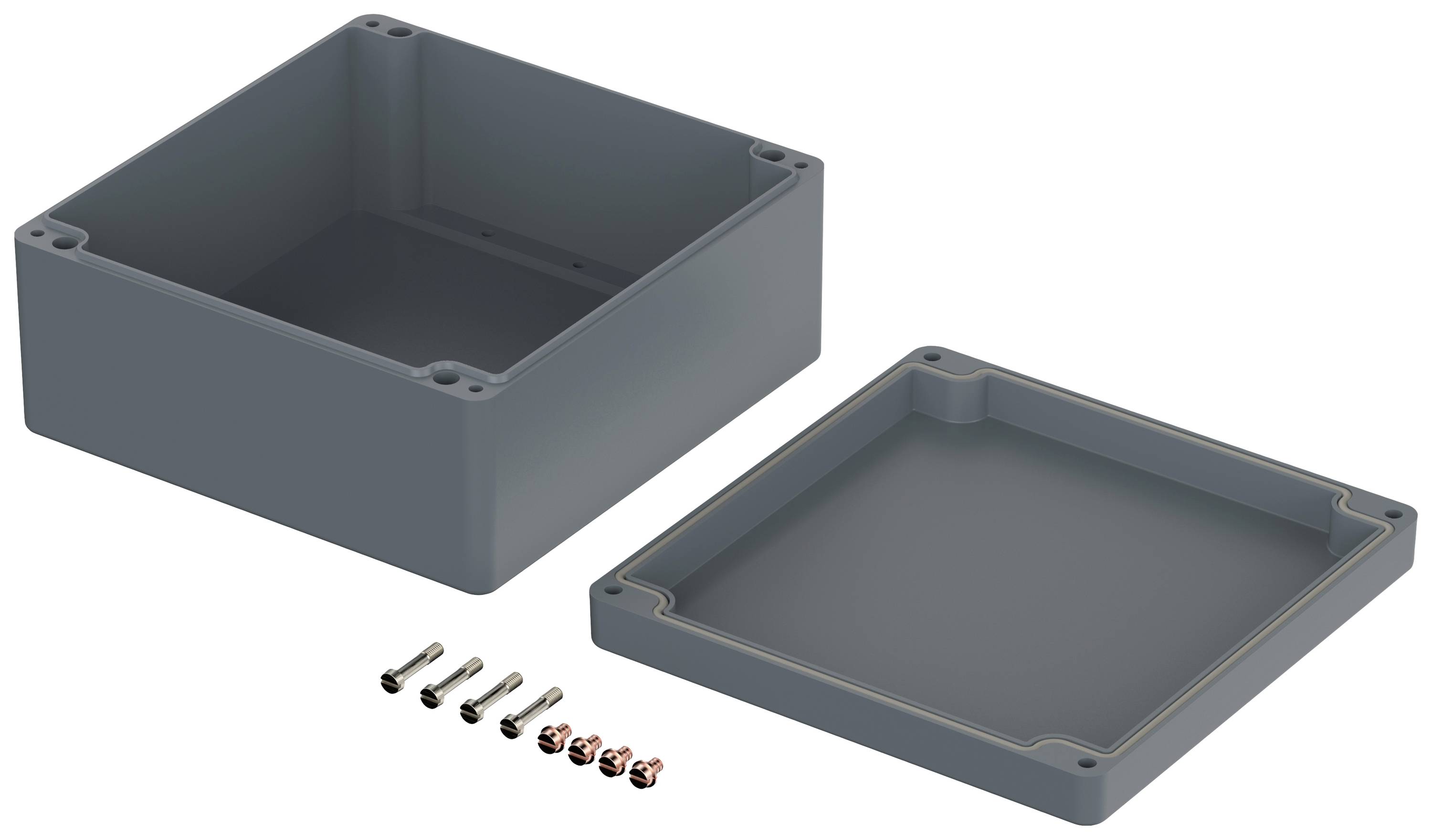 Custodia grigia rettangolare con coperchio rimovibile e sei viti.
