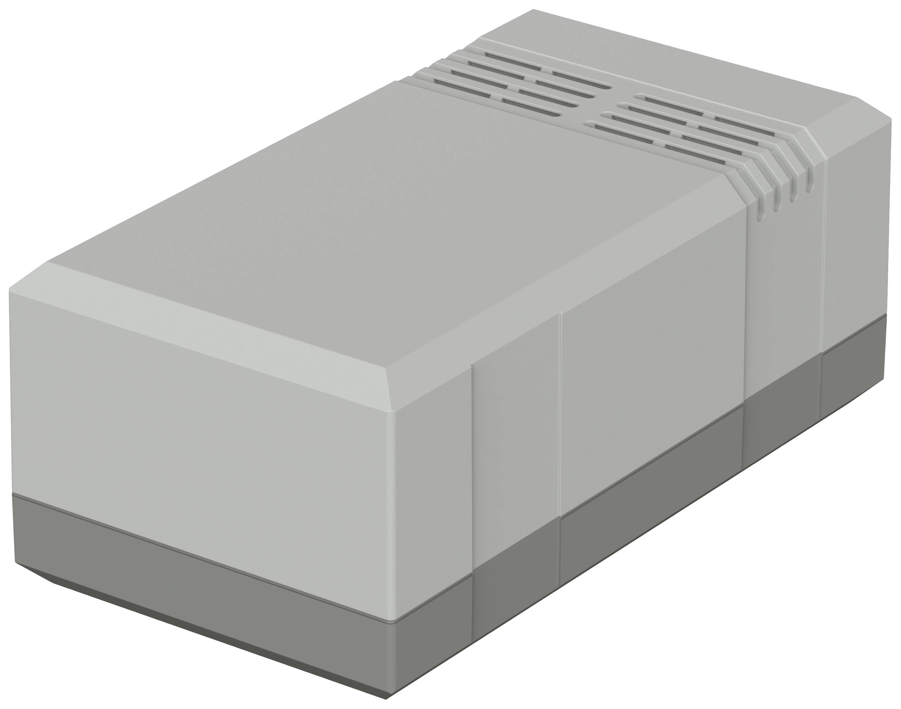 Un involucro rettangolare grigio con fessure di ventilazione sulla parte superiore. Probabilmente un dispositivo elettronico o un suo componente.