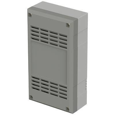 Involucro elettrico grigio rettangolare con fessure di ventilazione nella parte superiore e inferiore; utilizzato per alloggiare componenti elettronici.