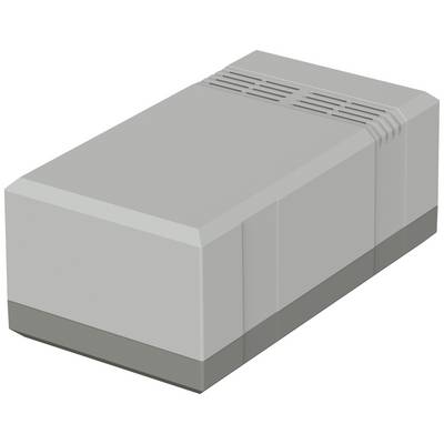 Dispositivo grigio rettangolare con fessure di ventilazione sulla parte superiore, probabilmente un modulo elettronico o un involucro.