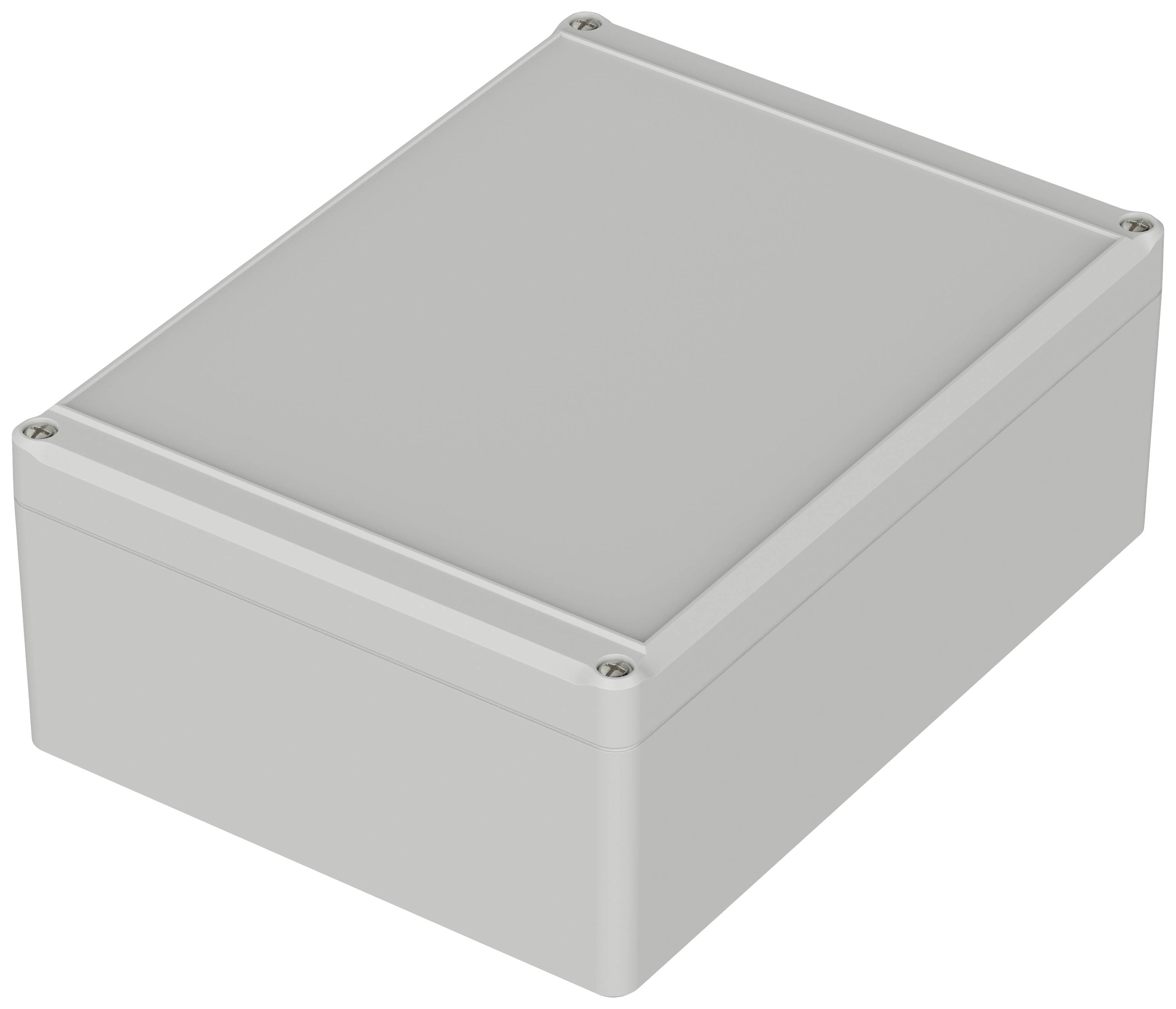 Un involucro rettangolare grigio con coperchio chiuso e bordi arrotondati, presumibilmente adatto per componenti elettronici.