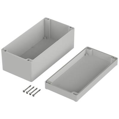Un involucro rettangolare grigio composto da due parti, corredato di quattro viti per il montaggio.