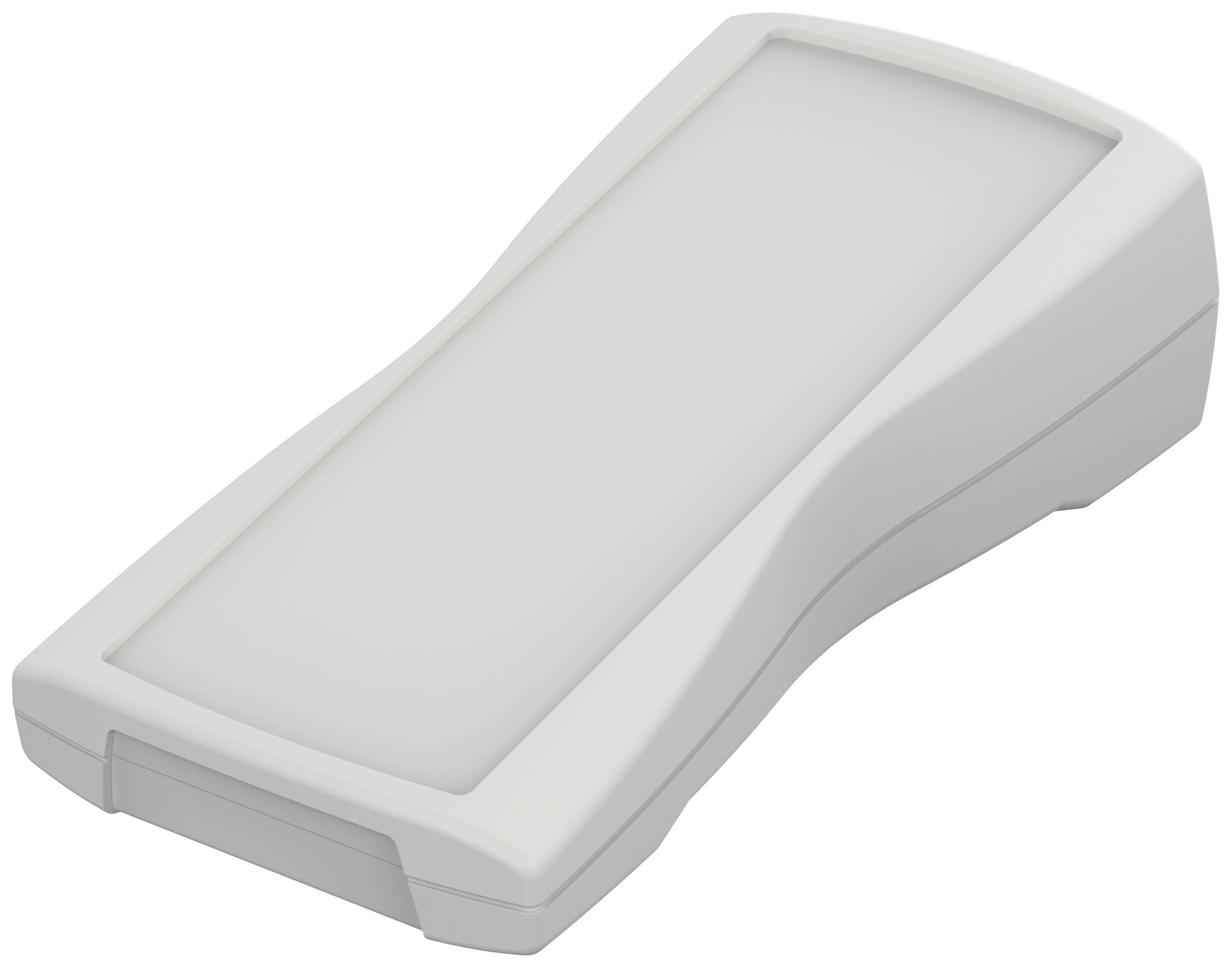 Un involucro rettangolare in plastica grigio chiaro, con parte superiore leggermente bombata e design ergonomico, probabilmente destinato a dispositivi elettronici.