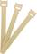 Tre fascette fermacavi beige in legno con estremità diverse, disposte a ventaglio.