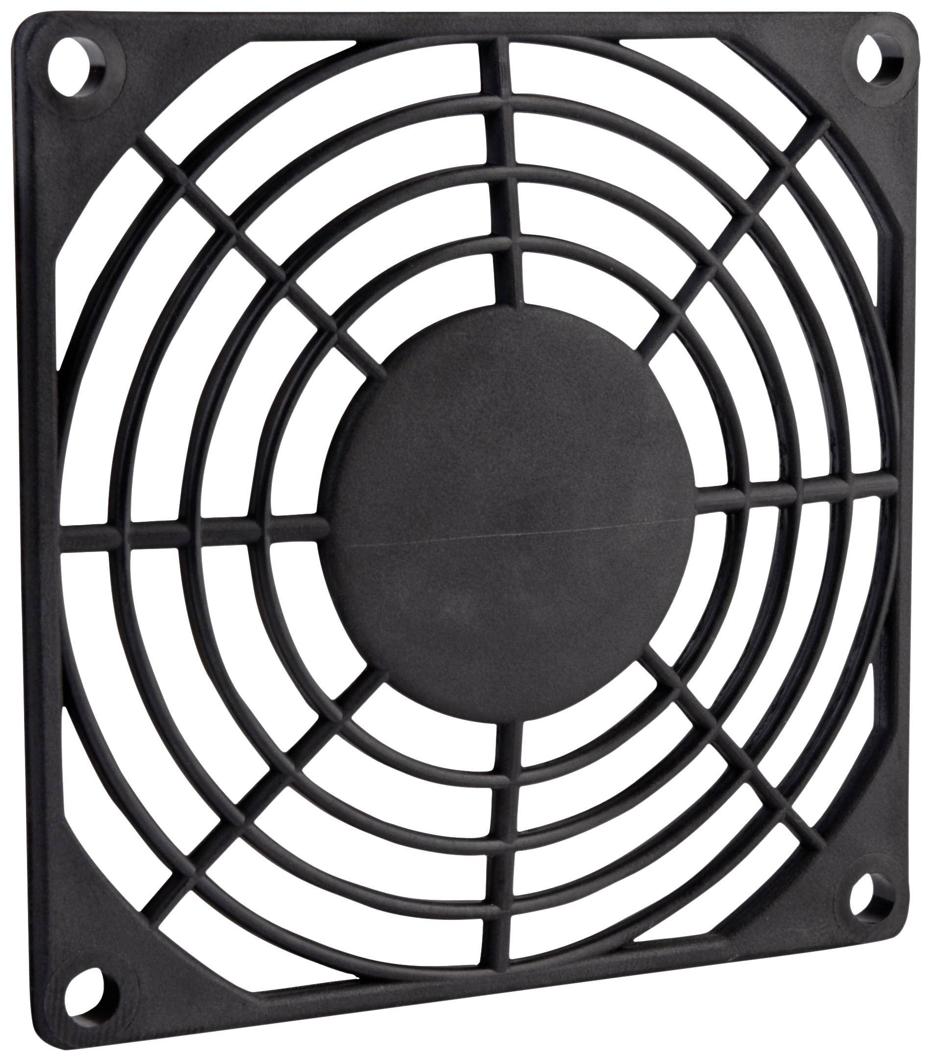 Una griglia di ventilazione quadrata nera in plastica, con una sezione centrale rotonda e un motivo a reticolo per la circolazione dell'aria.
