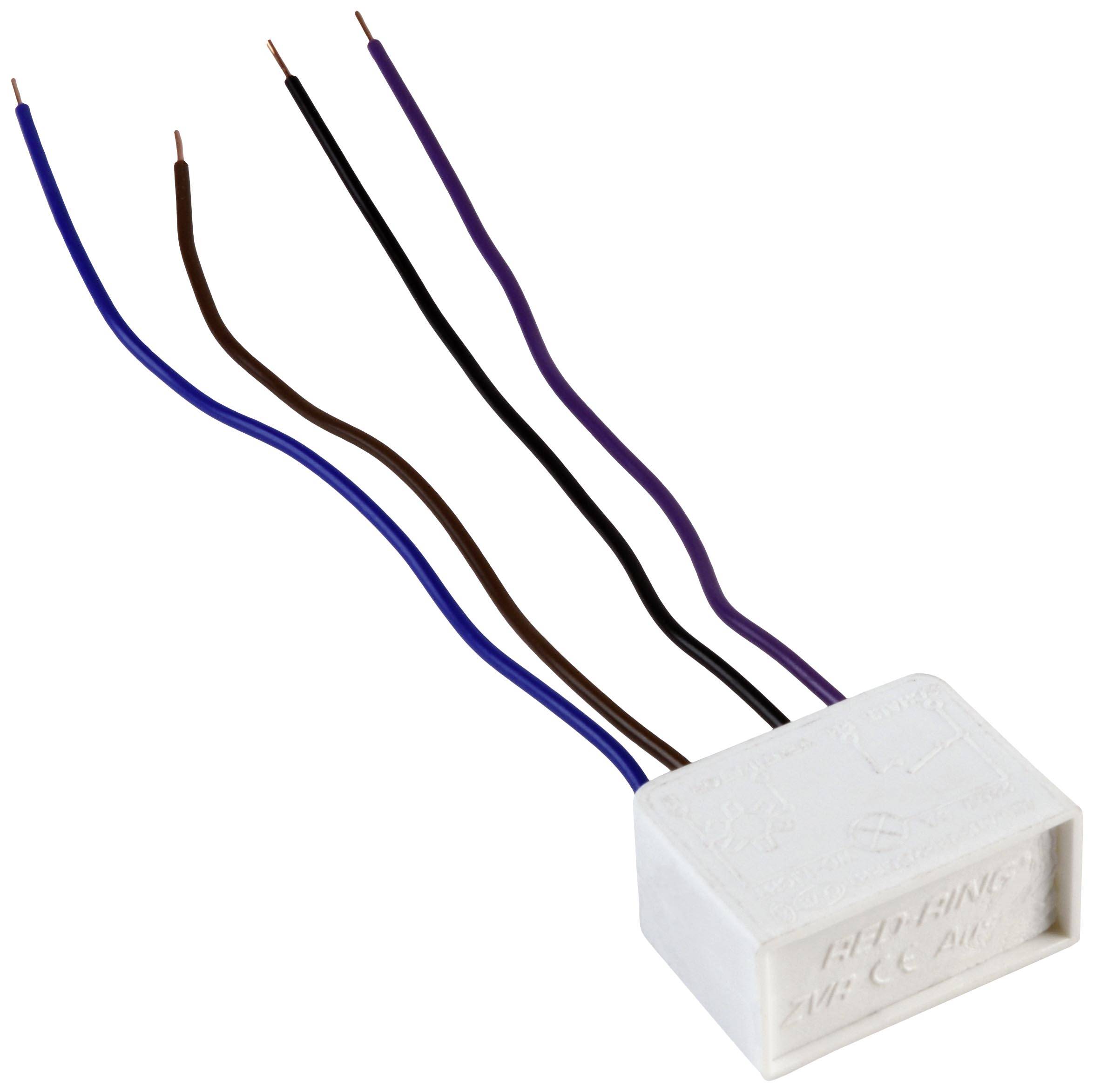 Un componente elettrico bianco con sei fili colorati sporgenti: blu, marrone, nero, viola e due pezzi blu.