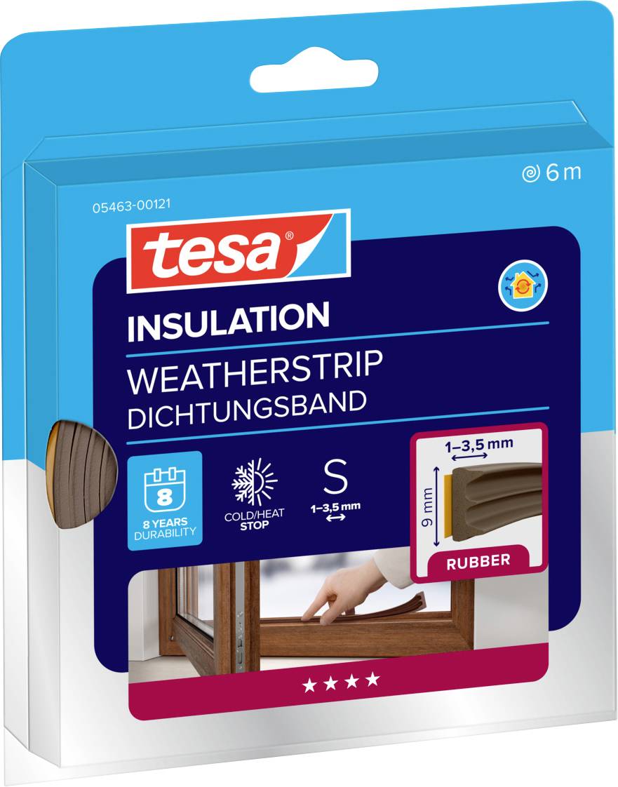 Imballaggio per nastro isolante di tenuta Tesa. Testo: Nastro di tenuta, Dichtungsband, Misura S, 1-3.5mm, Gomma, Coldheat Stop, Durabilità 8 anni.
