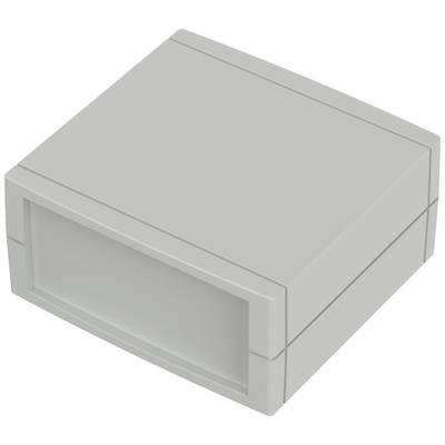Contenitore elettronico grigio, rettangolare, con coperchio e tacche sui bordi. Adatto per componenti elettronici.