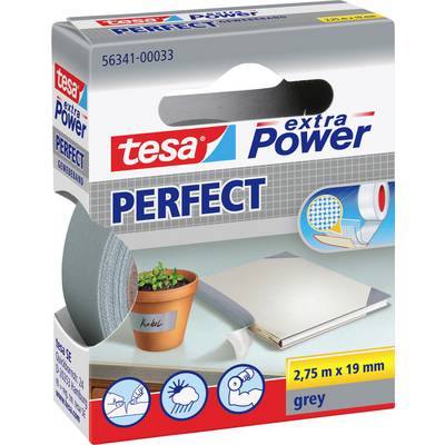 Nastro adesivo grigio 'Tesa extra Power Perfect' con confezione che mostra immagini di rotolo di nastro, vaso da fiori, rilegatura di libri e icone meteorologiche.
