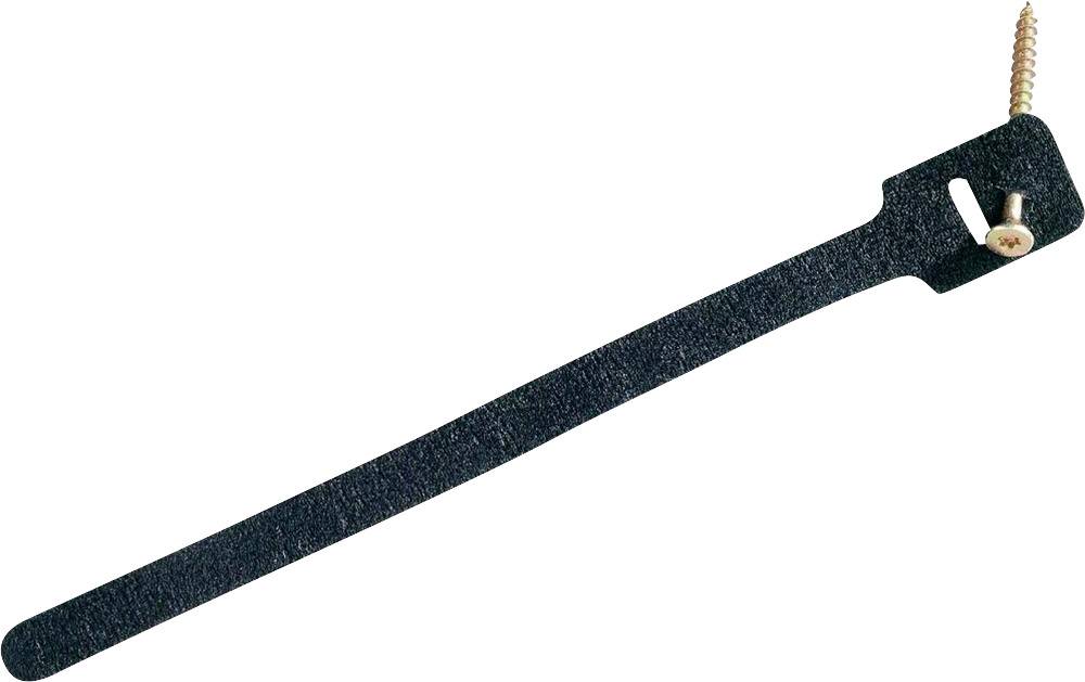 Fascetta stringicavo nera con vite per il fissaggio. Ideale per un cablaggio ordinato e per il montaggio su pareti o superfici.