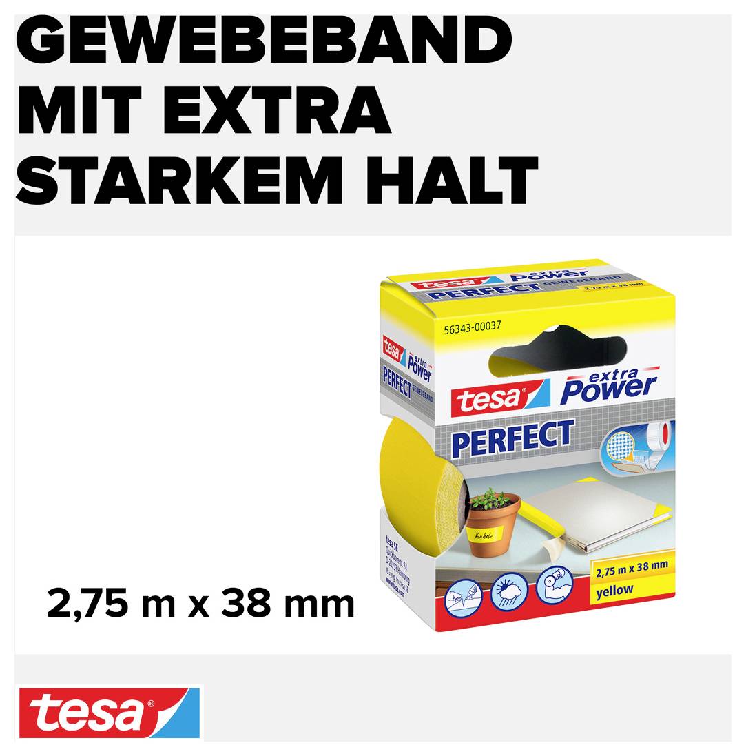 "Nastro adesivo con tenuta extra forte" mostra la confezione del nastro adesivo giallo Tesa Power Perfect. Dimensioni: 2,75 m x 38 mm.
