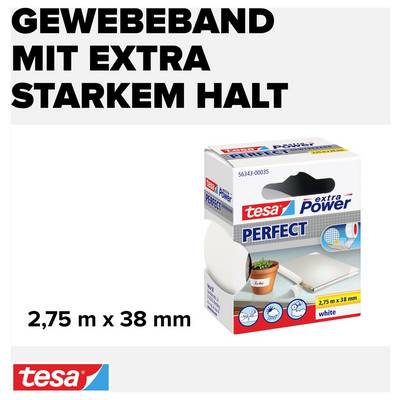 'Nastro tessuto con tenuta extra forte', un cartone con nastro adesivo bianco, 2,75 m x 38 mm.