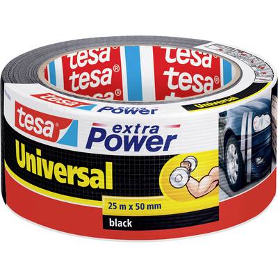 Un rotolo di nastro adesivo nero etichettato 'tesa extra Power Universal 25 m x 50 mm'. La confezione mostra un'auto e un manubrio.