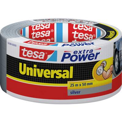 Rotolo di nastro adesivo argento etichettato 'tesa extra Power Universal', 25m x 50mm, adatto a vari compiti di riparazione.