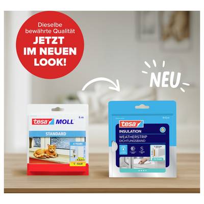 Due confezioni di nastro sigillante tesa, a sinistra nel vecchio design, a destra nel nuovo look, con una freccia in mezzo e un'indicazione del nuovo look.