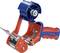 Dispenser per nastro da imballaggio con manico blu-rosso, idoneo per sigillare scatole in modo efficiente.