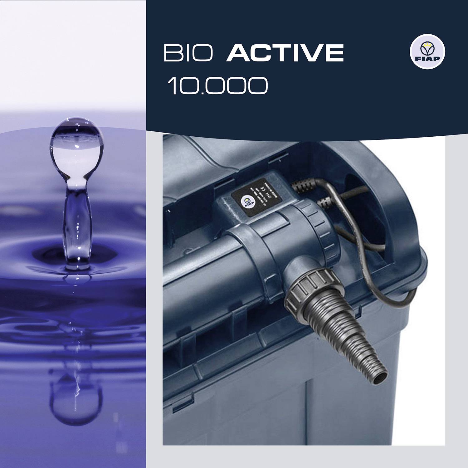 Un dispositivo di filtraggio dell'acqua con la scritta 'BIO ACTIVE 10.000' e una goccia d'acqua che si schianta su una superficie acquatica.