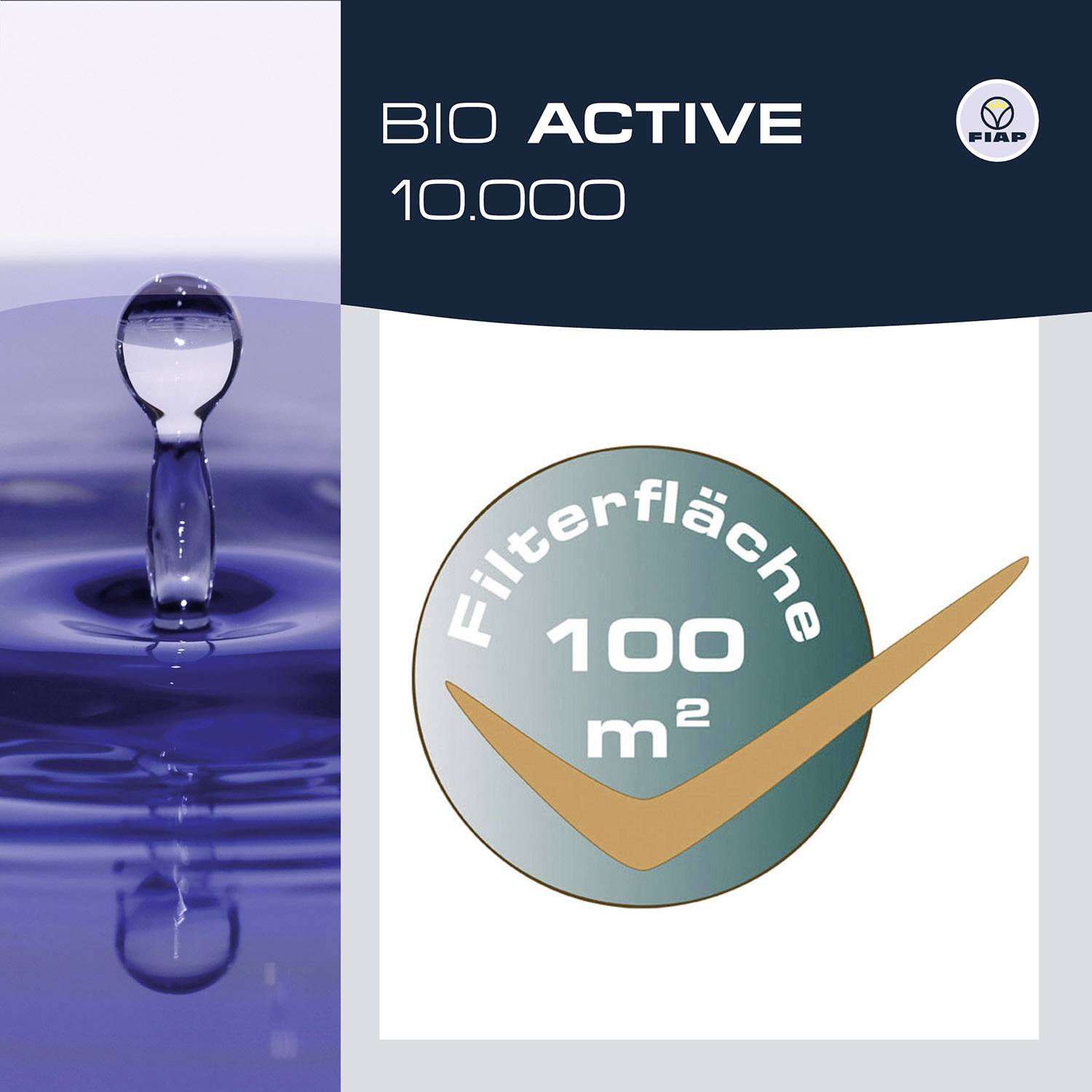 Goccia d'acqua che cade nell'acqua. Logo con testo: 'Superficie filtrante 100 m²'.