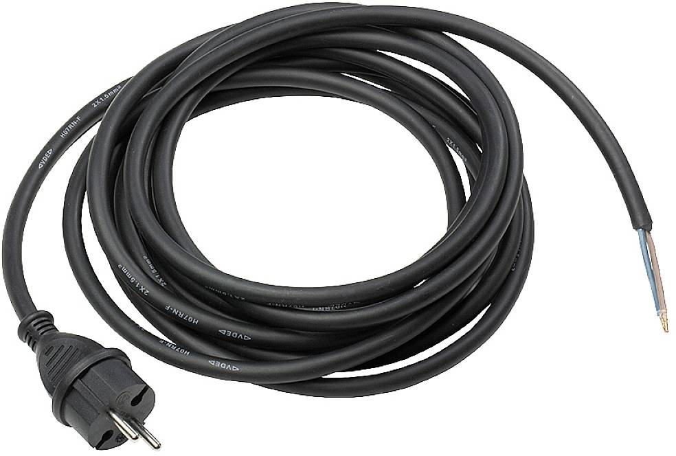 Cavo di rete nero con spina europea e terminali aperti. Adatto per installazioni elettriche e riparazioni.