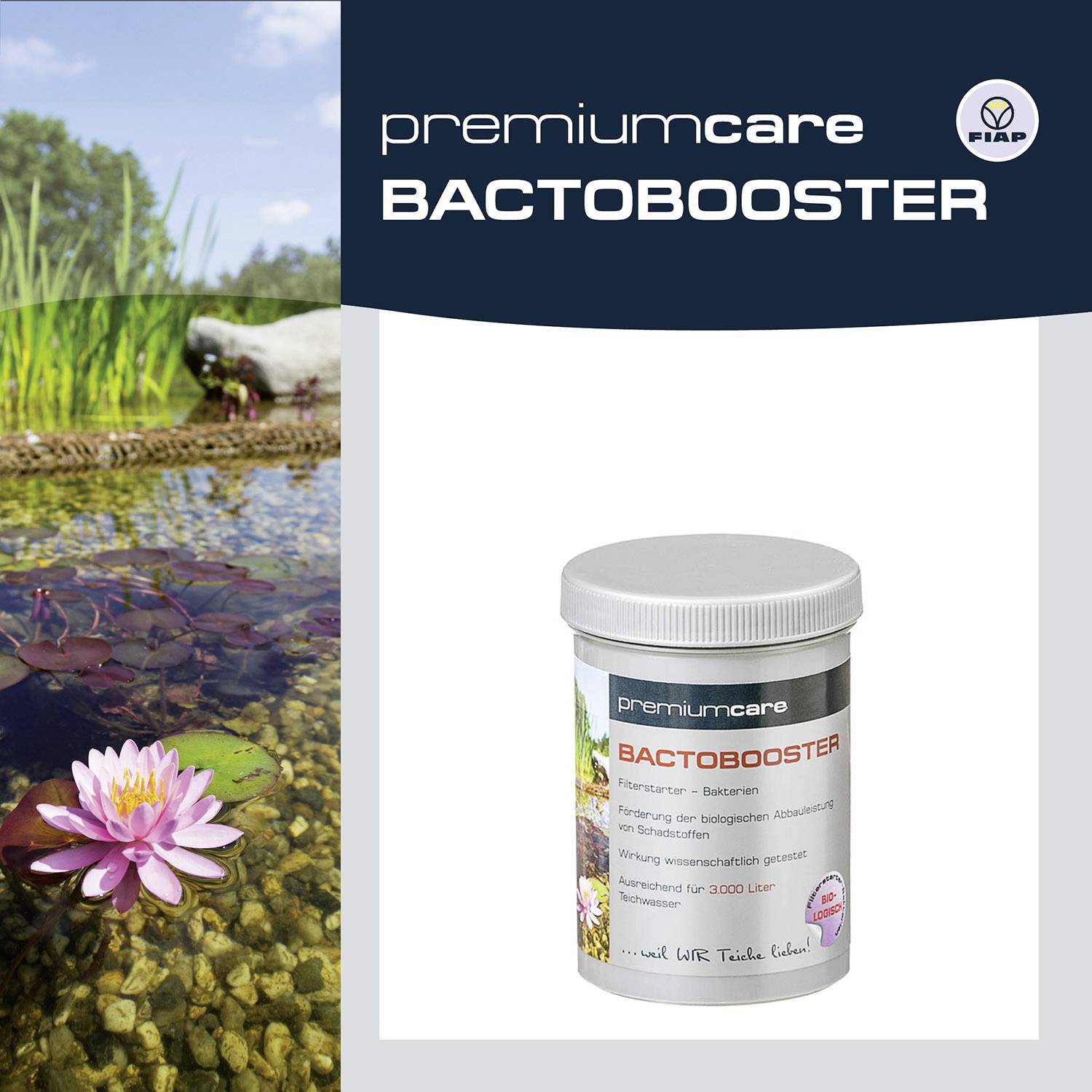 Dose di 'Bactobooster' di FIAP accanto a uno stagno con ninfee. Prodotto per migliorare la qualità dell'acqua e controllare le alghe.