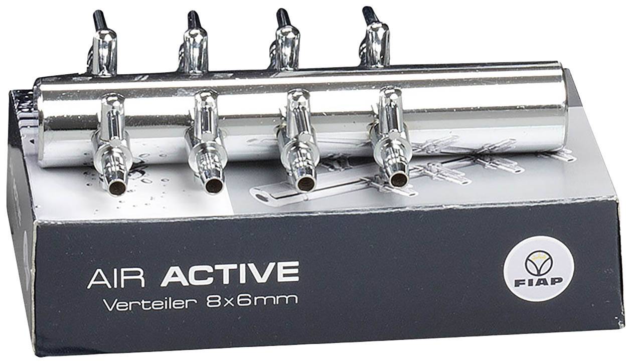 Distributore in metallo con otto attacchi per tubi, raffigurato sulla confezione con la scritta 'Air Active Distributore 8x6mm'.