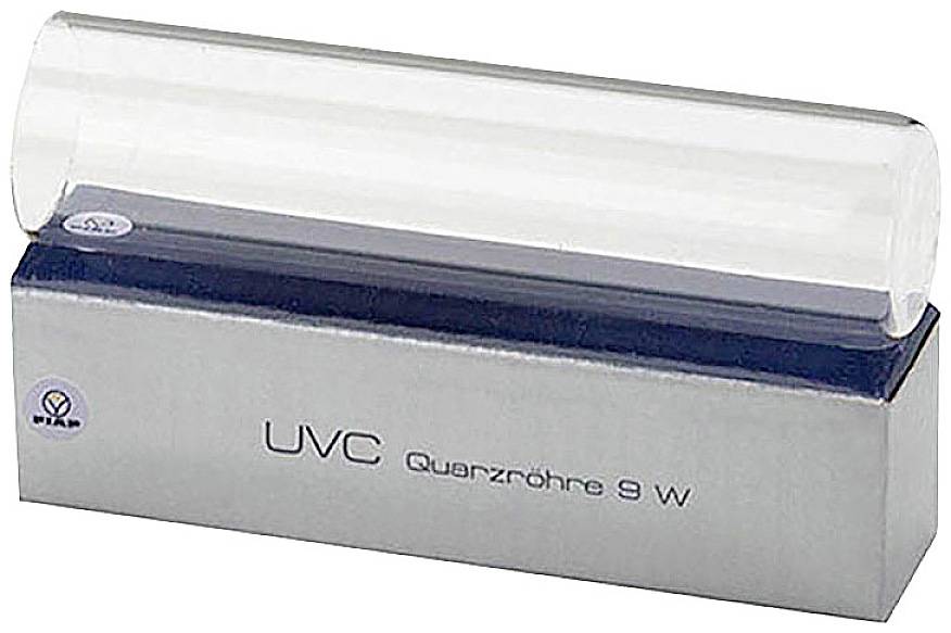 Una lampada al quarzo UVC da 9 W è posizionata su un imballaggio o un supporto.