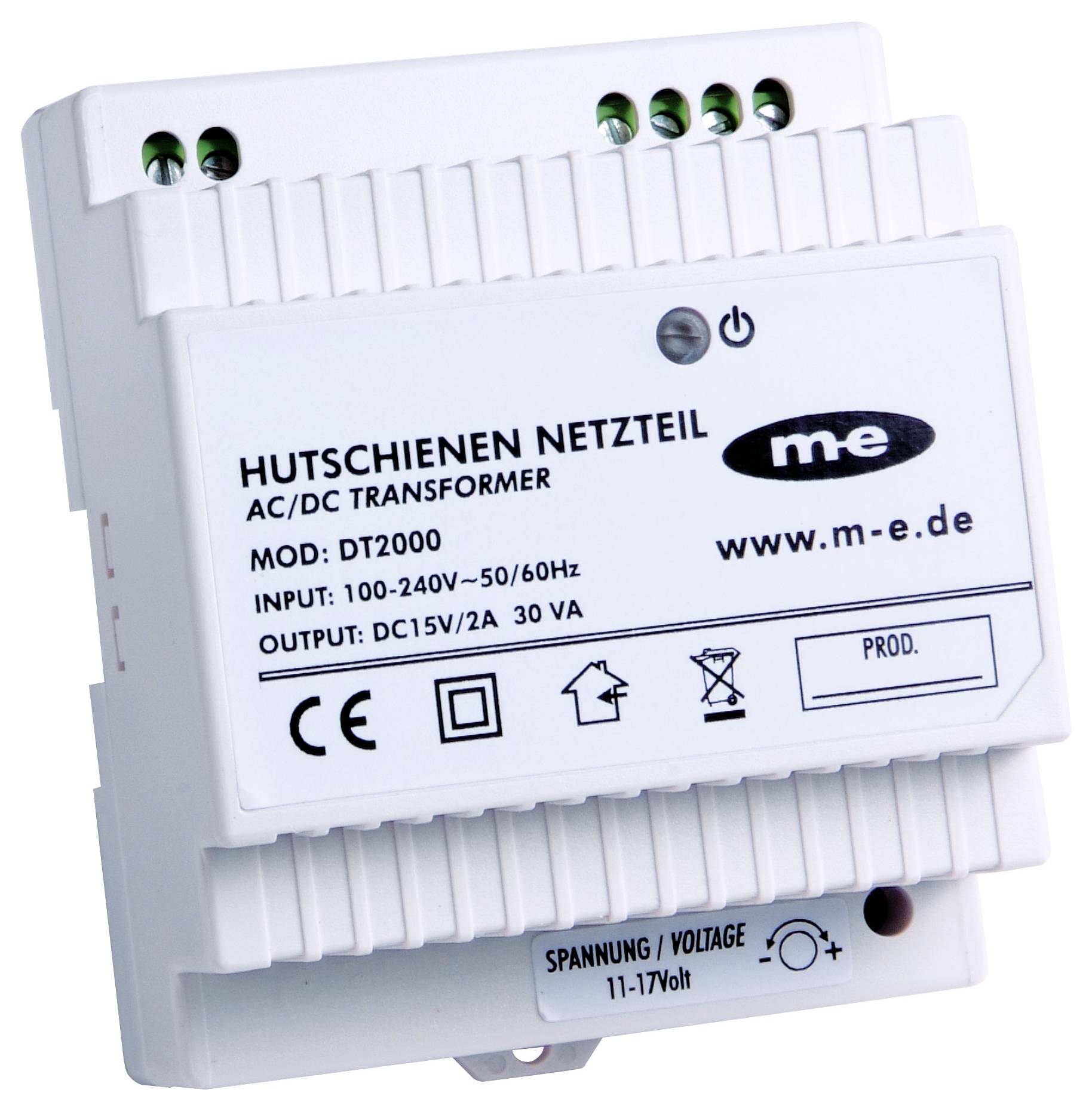 Alimentatore per guida DIN, modello DT2000, ingresso 100-240V, uscita 15V/2A. Logo del produttore e URL sull'etichetta.